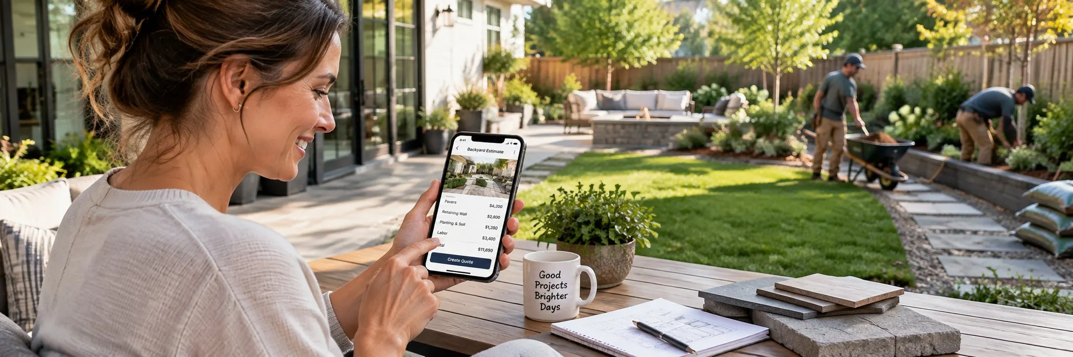 Homeowner reviewing a Quoteroam backyard estimate on her phone while a crew installs landscaping