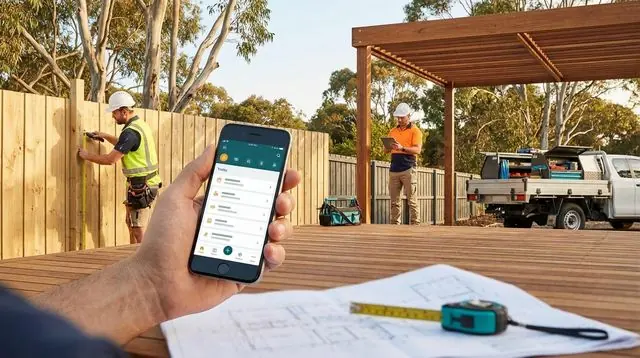 Quoteroam on a phone at a deck and fence job site