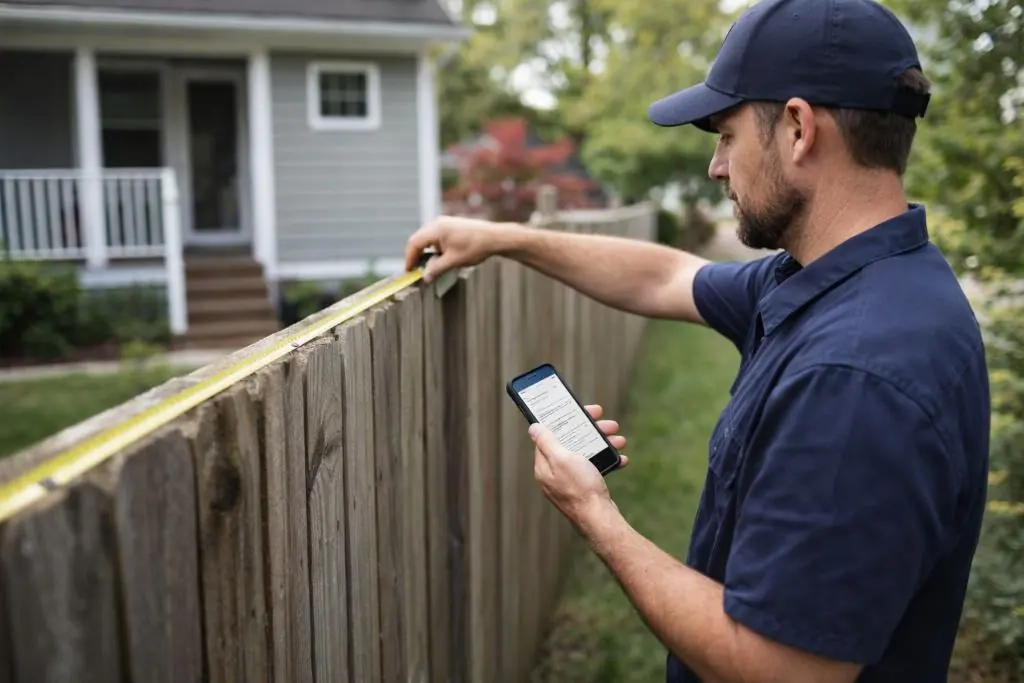Fence contractor measuring a fence with a phone in hand